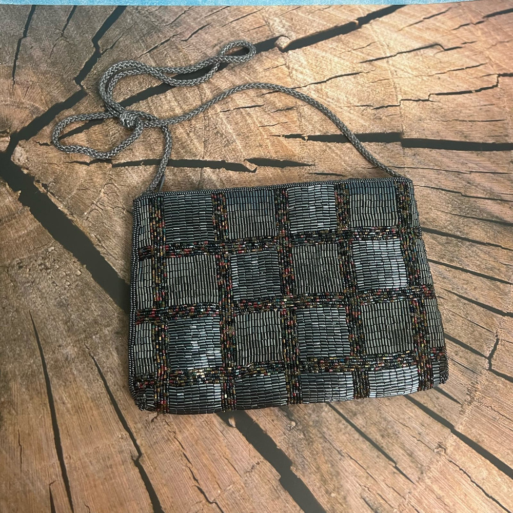 Gray brown beaded Purse Handbag with Zipper‎
